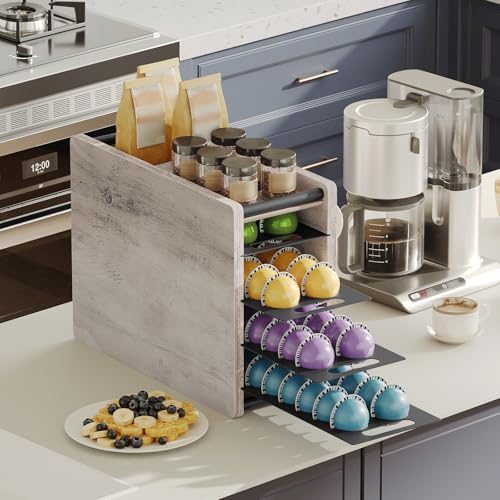 Image of YATINEY Coffee Pod Drawer Holder, 72 Pods Large Capacity, 4 Tier Holder for Vertuo, Coffee Pod Organizer for Countertop, Storage Rack for Nespresso Vertuo Pods, Space Saving, Greige KH06BG