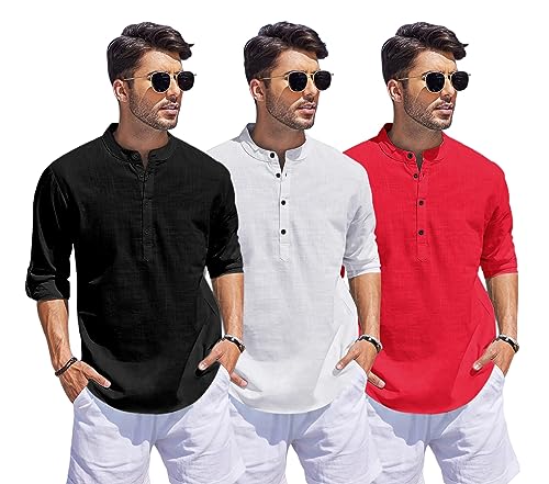Image of Combo of Men Solid Cotton Blend Straight Kurta Shirt Pack of 3