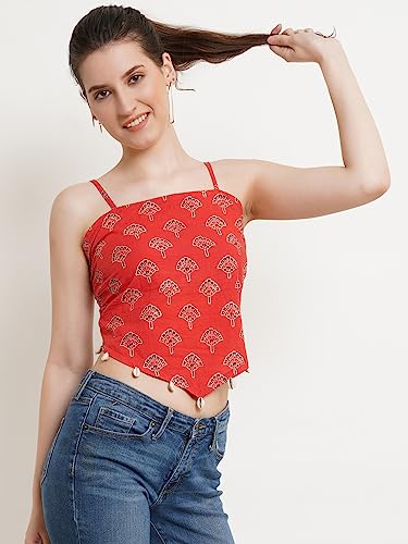 Image of POPWINGS Casual Hankie Cotton Sustainable Bagru Print Crop Top for Women || Square Neck Crop Top for Women || Sleeveless Crop Top for Women || Cotton Women Crop Top for Summer