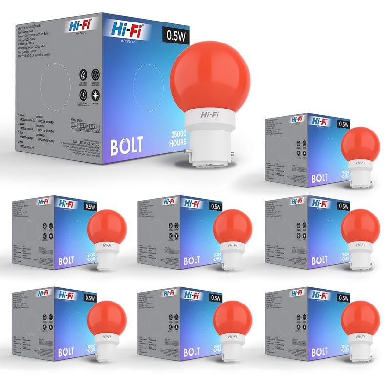 Image of Hi-Fi 0.5W LED Bulb (Red) B22 Base | Energy Efficient Zero Watt Light | Decorative Night Lamp for Home, pooja room light & Bedroom Zero Blub (Pack of 8)