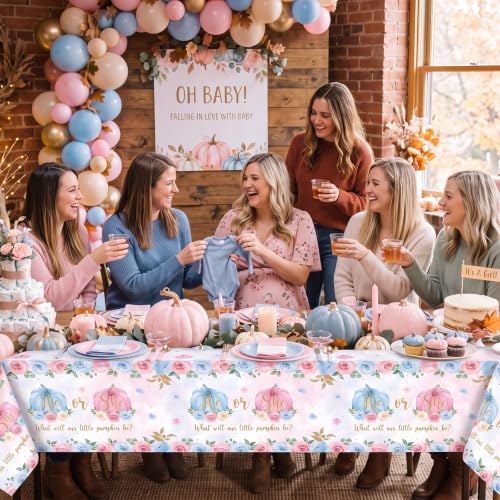 Image of Ganeen 3 Pcs Fall Pumpkin Gender Reveal Tablecloth Plastic, 54 x 108 Inch