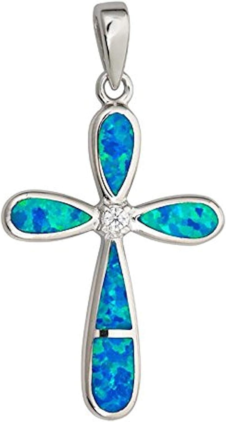 DECADENCE Sterling Silver Created Opal Cross Pendant