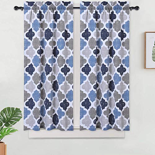 Haperlare Navy Kitchen Curtains, Quatrefoil Printed Bathroom Window Curtain 45 Inch, Trellis Design Cafe Curtains Cotton Blend Small Half Window Treatment Set Short Curtains, Gray/Navy #TOP5