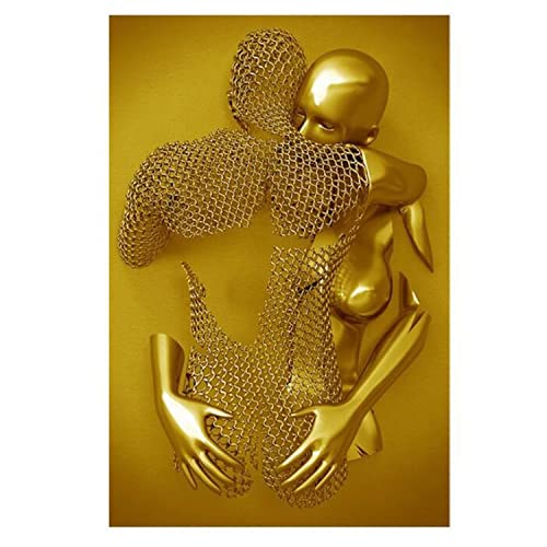 UIGJIOG Liebe Herz Kunst Wand Grau Leinwand Wandkunst, Abstrakte Metallfigur Skulptur, Liebe Herz 3D-Effekt, Kein Rahmen,Gold b,40x50cm No Frame Cover