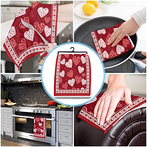 Beisseid Valentines Kitchen Towels, Red And White Love Heart Dish Cloth Fingertip Bath Towels Cloth Romantic Hand Drying Soft Cotton Tea Towel Set, 18X28In 2Pcs, 2-Pack #TOP5