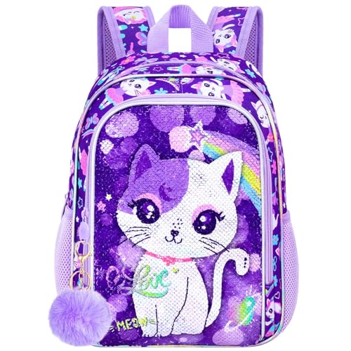 UFNDC Kids Toddler Backpack for Girls, Cute Cat Sequins Preschool Bookbag, Water-Resistant Kindergarten School Bag