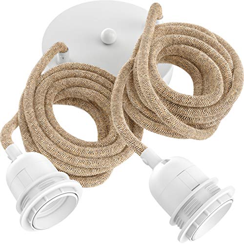 Hoopzi - Câble Suspension Luminaire Corde et Blanc - Fil Electrique en Tissu 2,5m - 2 x Ampoules Douille E27 - Pour Salon, Cuisine, Chambre - Modèle Hang 2