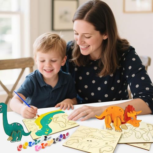 Vileafy Wooden Dinosaur Crafts for Kids Ages 4-8, 3D DIY Painting Kit with 6 Dinosaurs Toys, Brushes & Paint -Arts and Crafts - Preschool Activity and Gift for Boys and Girls - Image 6