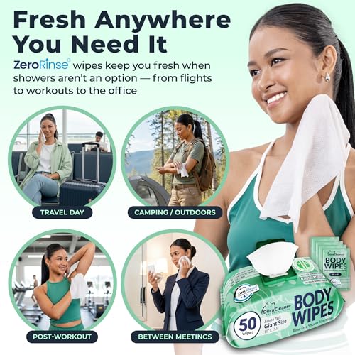 Image of Body Wipes for Women - Gentle - No Rinse Bathing Wipes - 50 Ct + 4 Travel | Gentle on Sensitive Skin, Cucumber & Marshmallow Root, Prebiotic Inulin, Aloe & Vitamin E, pH-Balanced, XL 10x11.5 inch Cloth