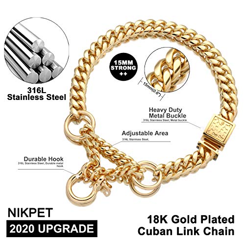 Gold Dog Martingale Collar Metal Chain With Design Secure Buckle, 18K Cuban Link 15Mm Strong Heavy Duty Chew Proof Walking Training Slip Collar (15Mm, 12") #TOP2