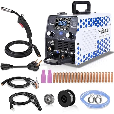 Reboot 200Amp MIG Welder 120V 240V 5 in 1 Welding Machine, Multiprocess for Gasless Flux Core MIG Welder/Gas MIG/Lift TIG/Stick/Spot Welding with Synergy Dual Voltage Large LED Display Cover