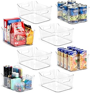 [ 8 Pack ] Clear Multi-Use Storage Bins - Plastic Home Organizer - Freezer Refrigerator Fridge Bins, Pantry Cabinet Organization Containers, SOHO Collection Baskets, Kitchen Closet, RV Organizing