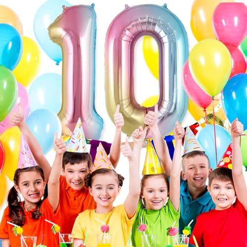Image of Rozi Decoration 32 Inch Rainbow Theme 0 Number Foil Balloons for Birthday, Anniversary, 10 Year Bday Party Decorations Items | Number Balloon for Kids & Adults Decor Pack of 1 Pcs