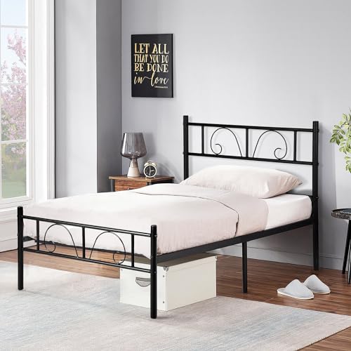 FurnitureR 3ft Single Bed, Metal Platform Bed Frame Solid Bedstead Base with Crochet-design Headboard and Footboard, Underbed Storage Space, Slatted Bed Fits for Teenagers/Adults, Black