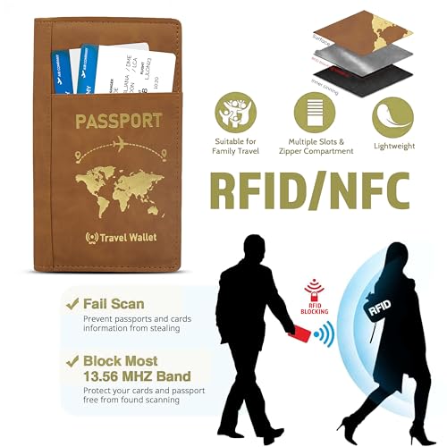 Image of Storite RFID Blocking PU Leather Passport Holder, 23x14x3 Cm Brown | Cover Case, Travel Wallet, Document Organiser, Removable Hand Strap, For Men & Women