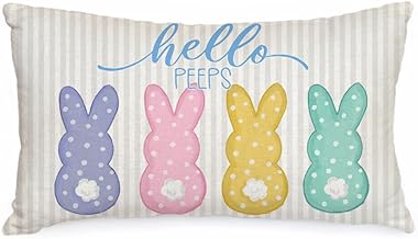 AACORS Easter Pillow Cover 12x20 Inch Striped Bunny Hello Peeps Decorations Holiday Farmhouse Spring Pillow Case for Home Sofa Couch Decor