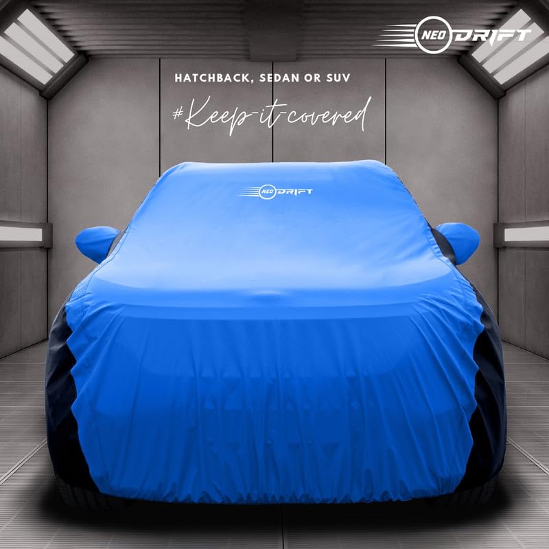 Image of NEODRIFT 'SuperTech' Car Cover for Tata Tiago (Back Long Antenna) (100% Water-Resistant, All Weather Protection, Tailored Fit, Multi-Layered & Breathable Fabric) (Colour: Sky Blue+Black)