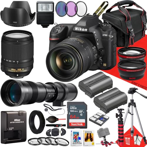 Nikon D780 DSLR Camera with AF-S DX 18-140mm f/3.5-5.6G ED VR Lens and 420-800mm Lens + 64GB Memory + Extra Battery + Slave Flash + Filters + Tripod + More (32pc Bundle) (Renewed)