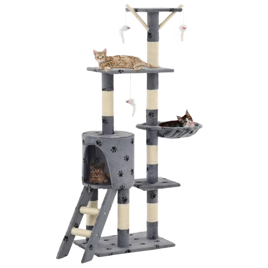 Katzen-Kratzbaum Sisal 138 cm Grau mit Pfoten-Aufdruck, Kratzmöbel mit Höhle, Liegefläche und Plattform, inklusive 3 Spielzeugen, ideal zum Klettern, Kratzen