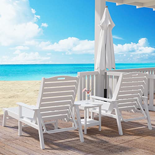 Lyuhome Outdoor Lounge Chairs Set Of 3, Lounge Beach Chairs For Outside, Pool Chaise Chairs And Side Table Set Patio Furniture Weather-Resistant Adjustable(White) #TOP3