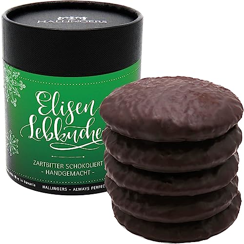 Hallingers Genuss Manufaktur Elisen-Lebkuchen Weihnachts-Geschenk - 5 saftige Elisen-Lebkuchen hoher Kernanteil handmade in edler Geschenk-Dose 'Zartbitter', Weihnachten für Frauen Männer