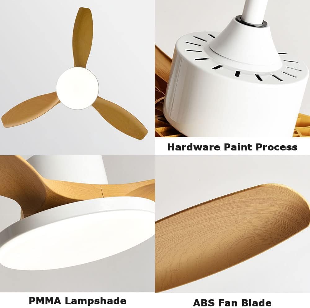 Modern White LED Low Profile Ceiling Fan with Light 48 Inch Dimmable Smart Ceiling Fan with Light Indoor Mute Flush Mount Ceiling Fan Light Imitation Wood Ceiling Fans Light