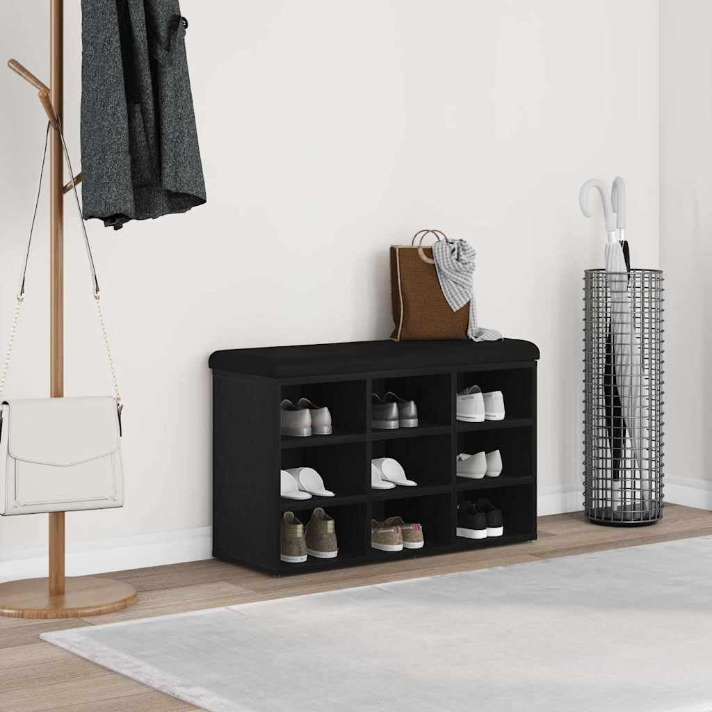 Banc à chaussures avec étagère meuble de rangement bois noir pour entrée et couloir