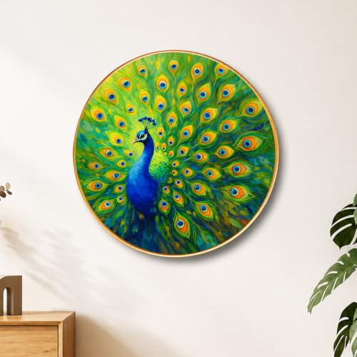Image of PAINTINGMANTRA Peacock Round Wall Art Painting With Frame For Living Room| Vastu-Inspired Wall Art Framed Painting | Round Artistic Wall Hanging for Home, Bedroom, Office & Gifting, 16 Inch