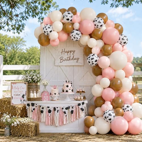 Image of Cow Print Balloons, 60 Pcs 12 Inch Brown Pink Ivory White Latex Balloons for Cow Birthday Party Decorations Cowgirl Baby Shower Western Party Decorations