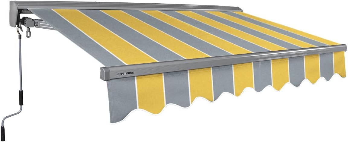 ADVANING Classic Series 12'X10' Manual Retractable Awning, 100% Acrylic UV+ Sun Shade Canopy, Golden Yellow & Gray Stripes, MA1210-A225H