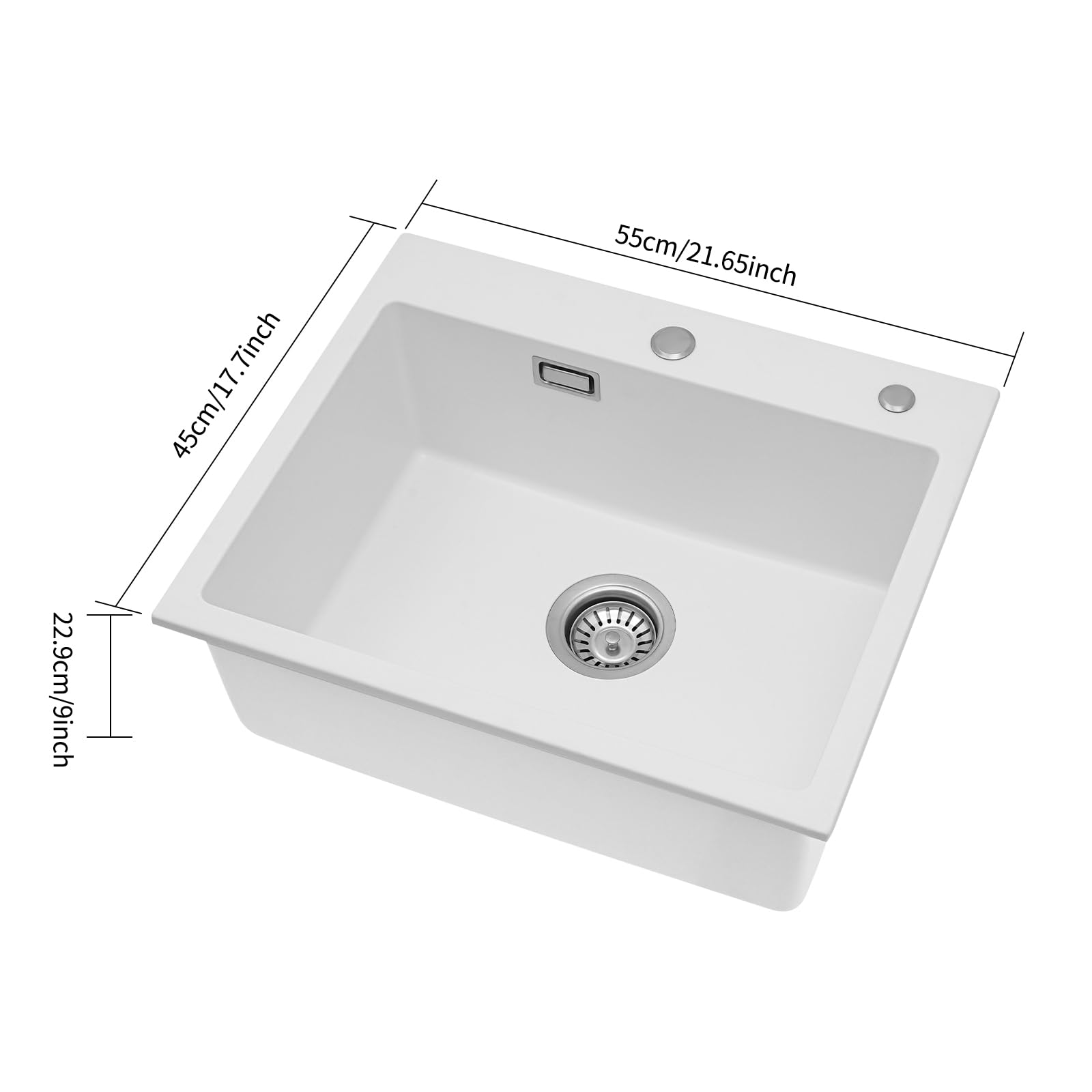 Lavello in pietra di quarzo, lavello sottopiano da tavolo/pavimento/incasso per cucina con tubo di scarico, alta qualità, moderno lavello da cucina per uso domestico, 55 x 45 x 22,86 cm (bianco)