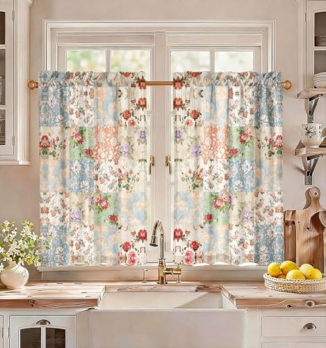 Miss Adola Boho Kitchen Curtains - 36 Inch Length Linen Blend Vintage Floral Cafe Curtains Country Tier Curtain Short Drapes Rod Pocket for Bathroom Living Room Windows Light Filtering, 2 Panels