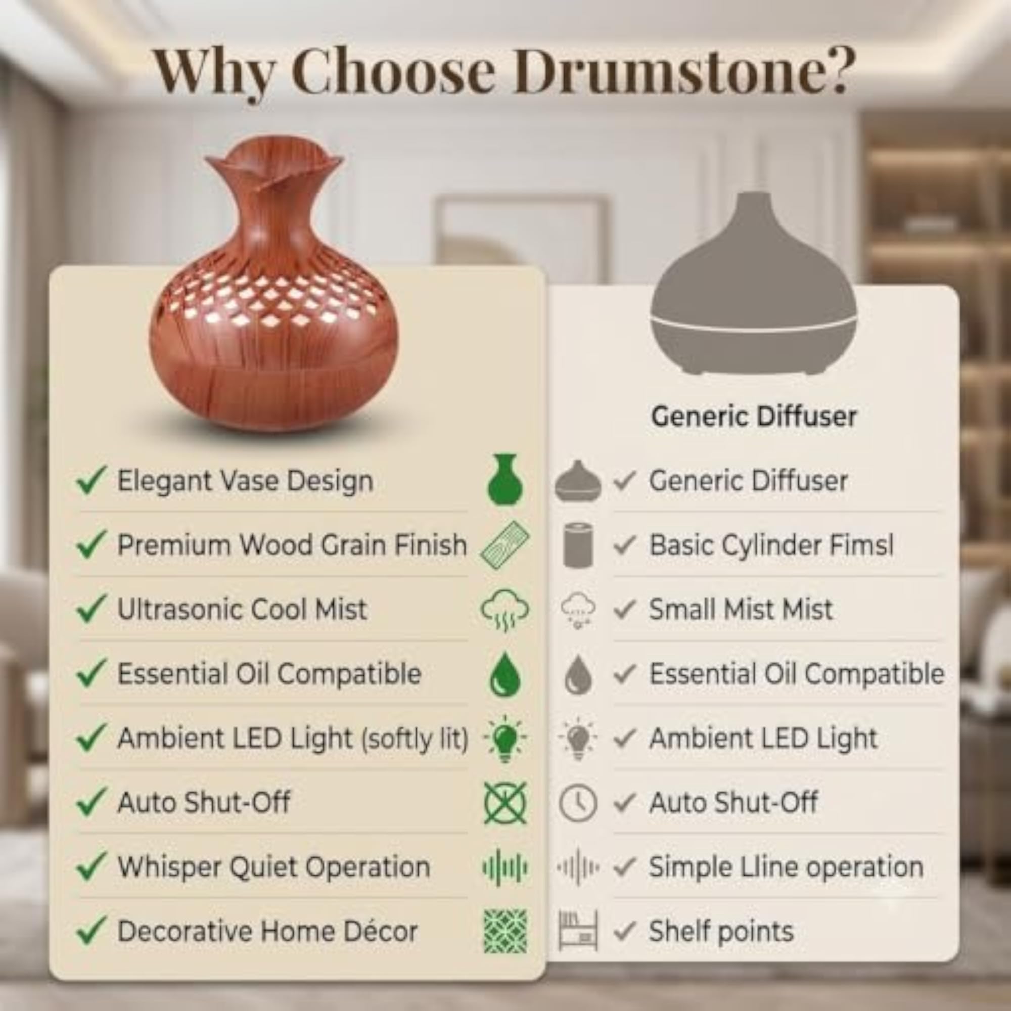 Vase Shape Essential Oil Diffuser Humidifier, Decorative Wood Grain