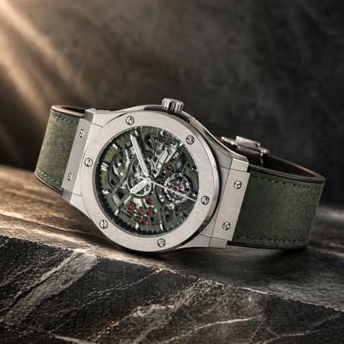 Image of Big Bang Skeleton Dial Luxury Chronograph Watch for Men with Green Strap, Premium Analog Wrist Watch, Stainless Steel Case, Mechanical Style Dial, Sports Inspired Classic Luxury Timepiece, Quartz Movement, Skeleton Display, Stylish Formal Casual Wear