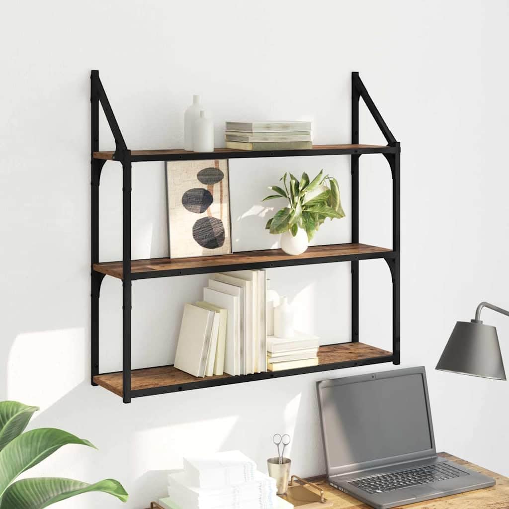 Wandregal Altholz 80x21x78,5 cm mit 3 Ablagen aus Holzwerkstoff und Metallrahmen, Modernes Design & Stabilität für Wohnzimmer, Flur und Schlafzimmer