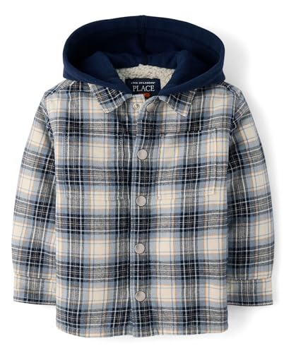 The Children's Place,Baby Boys,and Toddler Long Sleeve Hooded Shacket,Stoneybrook Plaid,12 Months,18 Months