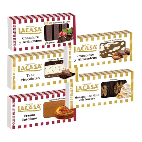Pack Surtido 5 Turrones Lacasa:Mazapán de Nata con Nueces, Cacao y Almendras, Chocolate y Arándanos, Crema Catalana, Tres Chocolates