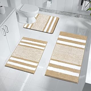 Pauwer Bath Mat Set of 3 Ultra Thick Bath Rug with Non-Slip Bottom Absorbent Bathroom Mats and Pedestal Mat Set Easy to Clean Machine Washable Toilet Rug (Beige)