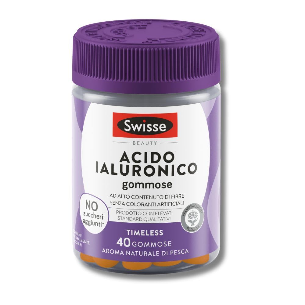 SWISSE Beauty - Acido Ialuronico Gummies, Integratori Donna e Uomo, 40 Pastiglie Gommose, Integratore Alimentare, Gusto Pesca, Adatto per Alimentazione Vegana