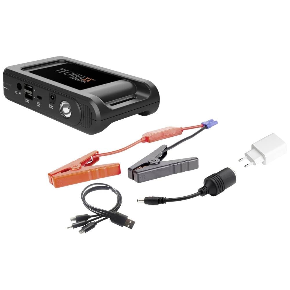 Technaxx 12000 mAh Bloc d'alimentation pour démarreur de Batterie de Voiture (Essence Jusqu'à 4,0L / Diesel jusqu'à 2,5L) avec Banque d'alimentation, 2X USB-A Ports de Charge et Lampe LED TX-218