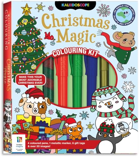 Kaleidoscope Colouring Kit Christmas Wonder with 32 Page Colouring Book + 3 Felt Pens + 2 Metallic Markers + Gift Tag Stickers | Christmas Gifts for Children