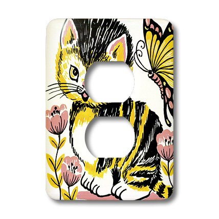 Double prise de courant décorée chat et papillon plaque murale 3dRose