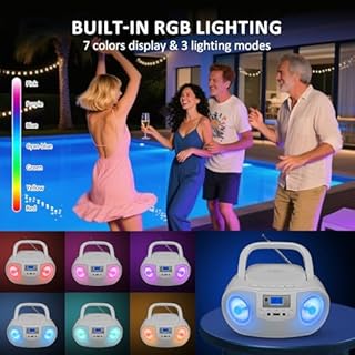 Gelielim Portable Stereo CD Player Boombox, FM Radio with Bluetooth, Remote Control, Headphone, Mic Jack, LED Light Support CD-R/RW/MP3, USB, AC/Battery Operated, Gift for Elderly, White