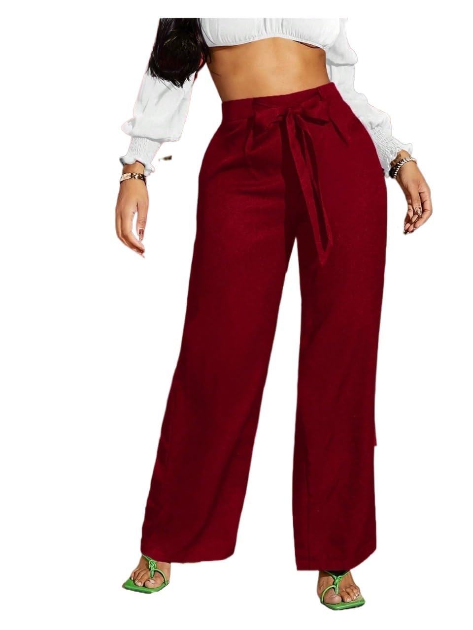 Women Casual Solid Drawstring Waist Wide Leg Summer Pants Work Pants