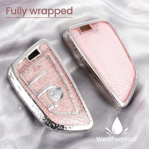 Image of Key Fob Cover for BMW, Rhinestone Wristlet Keychain Case, Pink