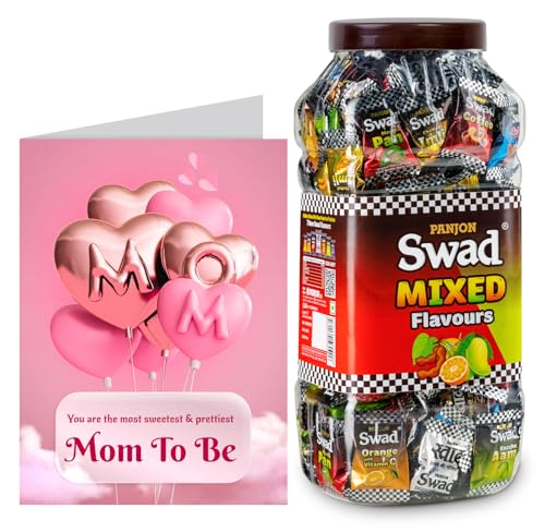 Image of Swad Mom To Be /New Mother /pregnant Gift with Card (Swad Mixed Flavours Candy 200 Jar & 1 Greeting card) 2 units