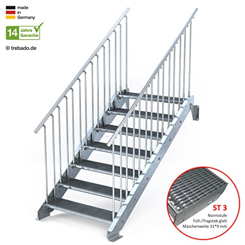Preisvergleich Produktbild Außentreppe 7 Stufen 100 cm Laufbreite - beidseitiges Geländer - Anstellhöhe variabel von 116 cm bis 140 cm - Gitterroststufe ST3 - feuerverzinkte Stahltreppe mit 1000 mm Stufenlänge als montagefertiger Bausatz