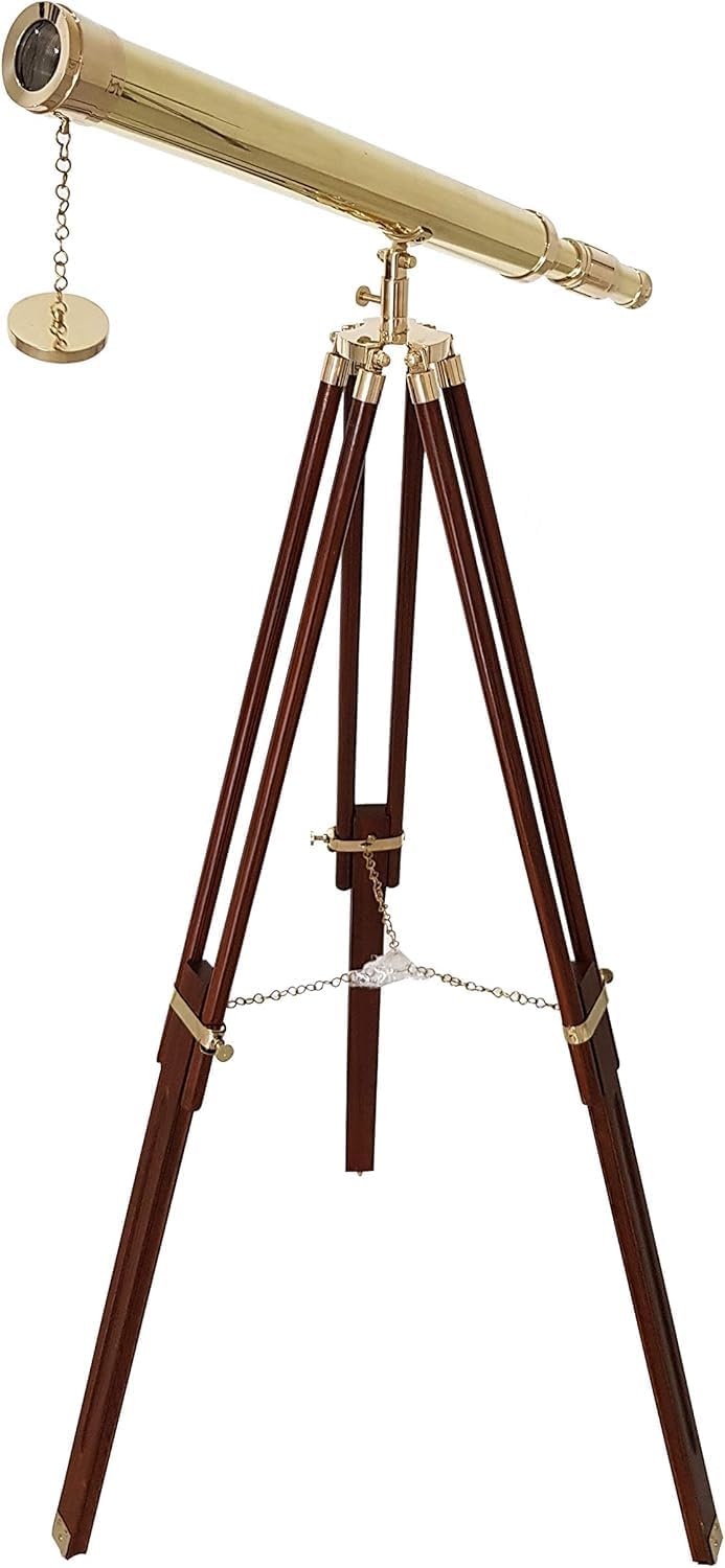 Shiny Brass Nautical Single Barrel Telescope Marine Adjustable Wooden Brown Tripod Floor Standing Home Decor Vinatge Handcrafted Office Decor