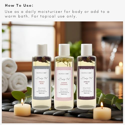 Olivia Care 3 Pack Body Oils: Apricot Fig, French Rose, Jasmine Gardenia - Natural Perfume Oils For Women & After Bath Oils Body Moisturizers, Rich in Vitamin E, K, & Omega (3 Scents)