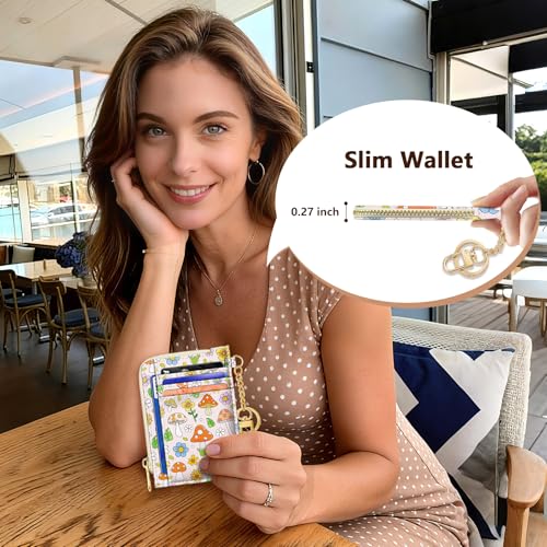 Image of GIANCOMICS Slim Wallet Credit Card Holder Women, Cute Mushroom Rfid Blocking Small Card Case, Keychain Thin Pocket Curved Zipper Wallet, Travel Card Holder PU Leather ID Window, Ladies Female Gifts